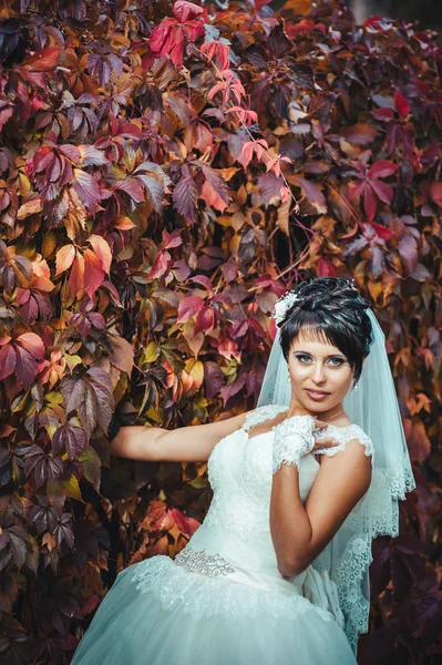 画像的美丽年轻的新娘，手里拿着鲜艳的花束。婚礼庆典。自然绿色背景。女子独自在户外公园 — 图库照片