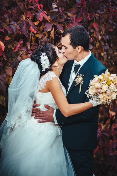 Casal jovem beijando no vestido de casamento. Noiva segurando buquê de flores — Fotografia de Stock