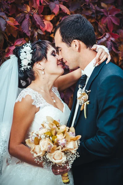 Young couple kissing in wedding gown. Bride holding bouquet of flowers — Stock Photo, Image