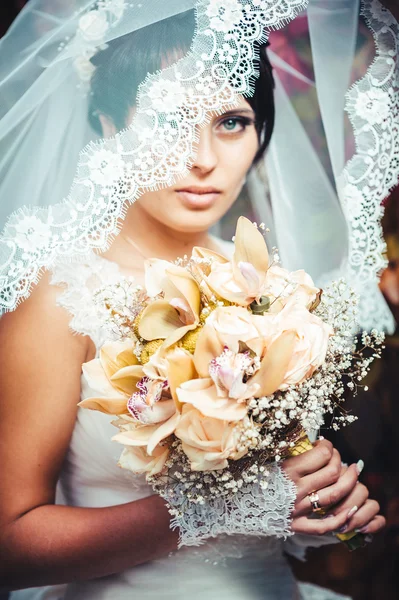 Retrato da noiva com um véu. Tema do casamento . — Fotografia de Stock