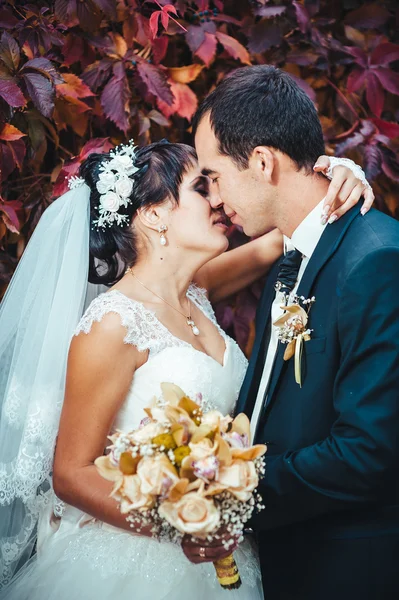 Young couple kissing in wedding gown. Bride holding bouquet of flowers Royalty Free Stock Images