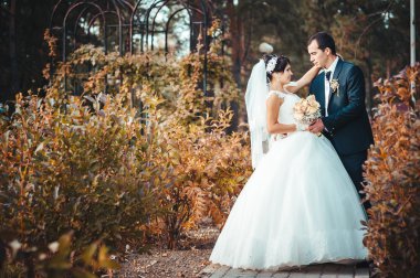 gelinlik içinde öpüşme genç bir çift. Gelin holding buket çiçek