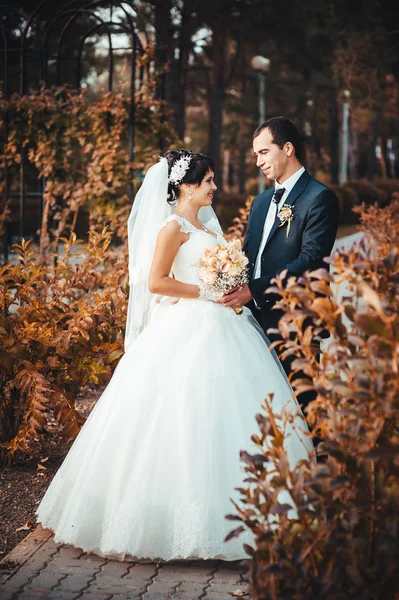 Молода пара цілується у весільній сукні. Наречена тримає букет квітів — стокове фото