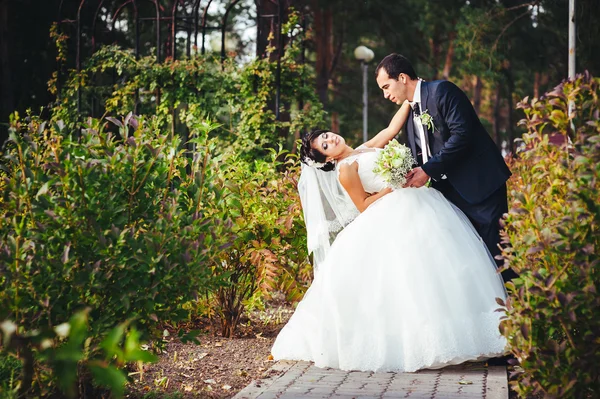 Casal jovem beijando no vestido de casamento. Noiva segurando buquê de flores — Fotografia de Stock