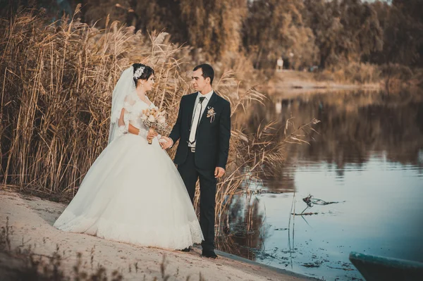 Matrimonio: sposa e sposo in riva al mare . — Foto Stock