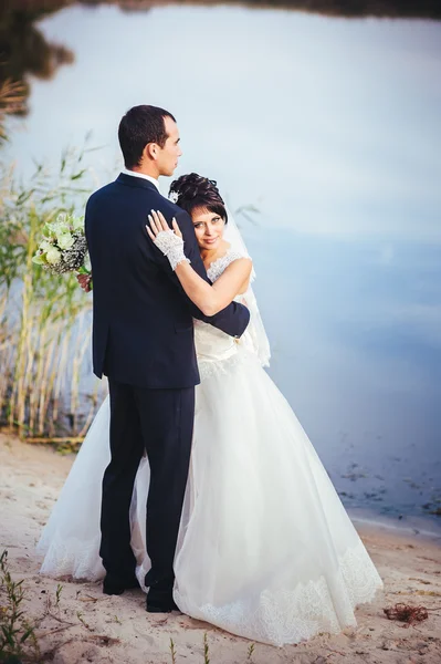 Boda: novia y novio en la orilla del mar . — Foto de Stock