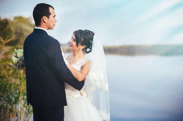 Boda: novia y novio en la orilla del mar . —  Fotos de Stock