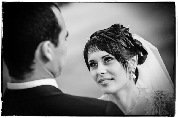 Boda: novia y novio en la orilla del mar . — Foto de Stock