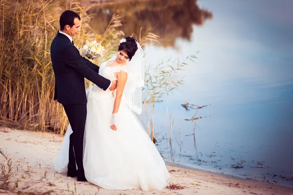 Esküvő: menyasszony és a vőlegény a tengerparton. — Stock Fotó