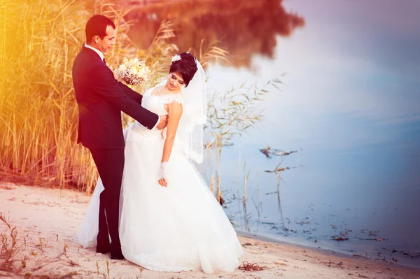 Boda: novia y novio en la orilla del mar . —  Fotos de Stock