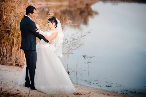 Wedding: bride and groom on the seashore. Stock Image