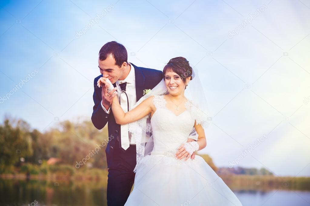 wedding: bride and groom on the seashore.