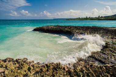 Vahşi Karayipler beach. Dominik Cumhuriyeti. Dominik Cumhuriyeti ülkesindeki tropikal kum plaj. Sakin resort. Tropik sahilde, Karayip Denizi palmiye ağaçları. günbatımı zamanı Beach Adası Seyşel Adaları'nda