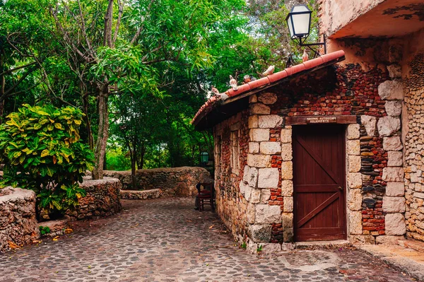 Road in park. Oude dorp Altos de Chavon - koloniale stad gereconstrueerd in Dominicaanse Republiek. Casa de Campo, La Romana, Dominicaanse Republiek. Ponderosa-stijl, tropische badplaats — Stockfoto