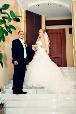 Mutlu genç gelin ve damat onların düğün günü. Evlilik çift - yeni aile. gelinlik. Gelin düğün buket çiçek