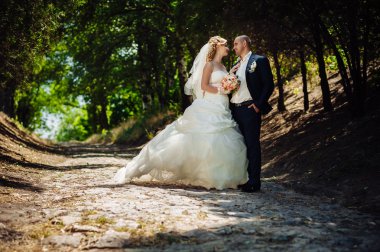 Gelin ve damat, düğün günü açık havada yürüyüş Doğa bahar. mutlu yeni evli kadın ve erkek yeşil park kucaklayan gelin çift. sevgi dolu evlilik çift açık.