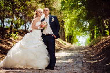 Gelin ve damat, düğün günü açık havada yürüyüş Doğa bahar. mutlu yeni evli kadın ve erkek yeşil park kucaklayan gelin çift. sevgi dolu evlilik çift açık.