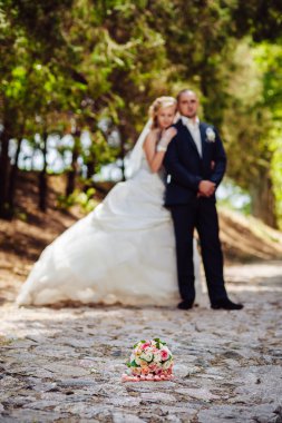 Gelin ve damat, düğün günü açık havada yürüyüş Doğa bahar. mutlu yeni evli kadın ve erkek yeşil park kucaklayan gelin çift. sevgi dolu evlilik çift açık.