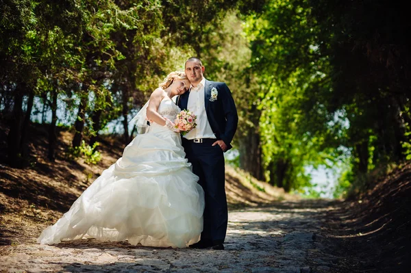 Novia y novio en el día de la boda caminando al aire libre en la naturaleza de primavera. Pareja nupcial, feliz mujer recién casada y hombre abrazándose en el parque verde. Amar pareja de boda al aire libre . —  Fotos de Stock