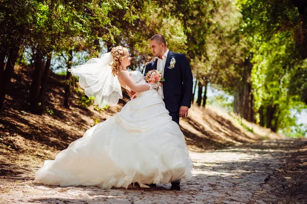 Novia y novio en el día de la boda caminando al aire libre en la naturaleza de primavera. Pareja nupcial, feliz mujer recién casada y hombre abrazándose en el parque verde. Amar pareja de boda al aire libre . — Foto de Stock