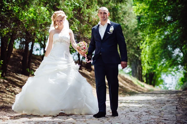 Novia y novio en el día de la boda caminando al aire libre en la naturaleza de primavera. Pareja nupcial, feliz mujer recién casada y hombre abrazándose en el parque verde. Amar pareja de boda al aire libre . —  Fotos de Stock