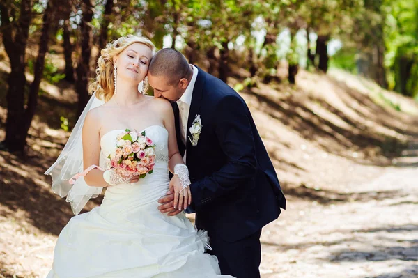 Noiva e noivo no dia do casamento andando ao ar livre na natureza de primavera. Casal nupcial, mulher recém-casada feliz e homem abraçando no parque verde. Casal de amor ao ar livre . — Fotografia de Stock