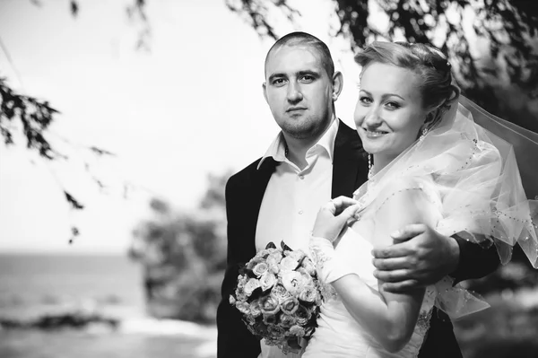 Novia y novio en el día de la boda caminando al aire libre en la naturaleza de primavera. Pareja nupcial, feliz mujer recién casada y hombre abrazándose en el parque verde. Amar pareja de boda al aire libre . —  Fotos de Stock