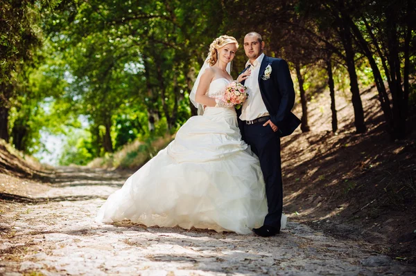 Bruid met de bruidegom op bruiloft dag buiten lopen op lente aard. Bruidspaar, gelukkig Newlywed vrouw en man omarmen in groen park. — Stockfoto