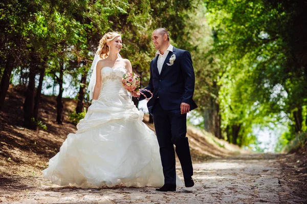 Novia con novio en el día de la boda caminando al aire libre en la naturaleza de primavera. Pareja nupcial, feliz mujer recién casada y hombre abrazándose en el parque verde . —  Fotos de Stock