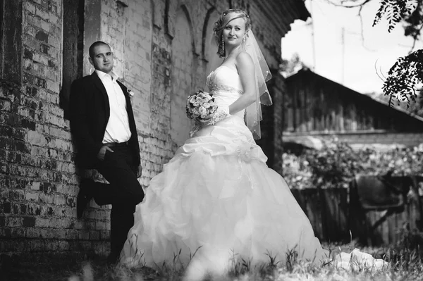 Νύφη με γαμπρός στο γάμο ημέρα περπάτημα σε εξωτερικούς χώρους στη φύση την άνοιξη. Νυφικό ζευγάρι, γυναίκα ευτυχισμένη νεόνυμφο και άνδρας αγκαλιάζει στο καταπράσινο πάρκο. — Φωτογραφία Αρχείου