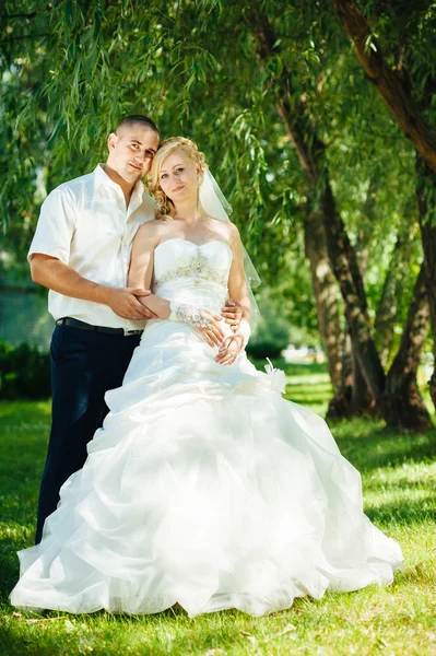 Mariée avec marié le jour du mariage Promenade en plein air sur la nature printanière. Couple nuptial, Bonne femme nouvellement mariée et l'homme embrassant dans le parc vert . — Photo