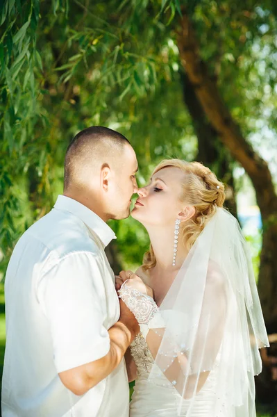 Mariée avec marié le jour du mariage Promenade en plein air sur la nature printanière. Couple nuptial, Bonne femme nouvellement mariée et l'homme embrassant dans le parc vert . — Photo