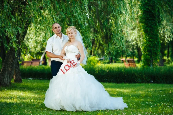 Nevěsta s ženichem na svatební den chůze venku na jarní přírody. Novomanželé, Happy novomanželský žena a muž objímal v parku. — Stock fotografie