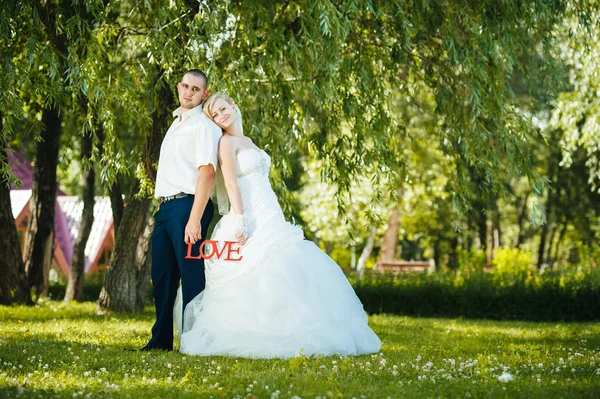 Невеста с женихом на свадьбе День прогулки на свежем воздухе на весенней природе. Свадебная пара, счастливая новобрачная женщина и мужчина обнимаются в зеленом парке . — стоковое фото