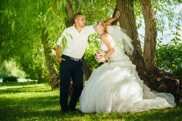 Bruid met de bruidegom op bruiloft dag buiten lopen op lente aard. Bruidspaar, gelukkig Newlywed vrouw en man omarmen in groen park. — Stockfoto