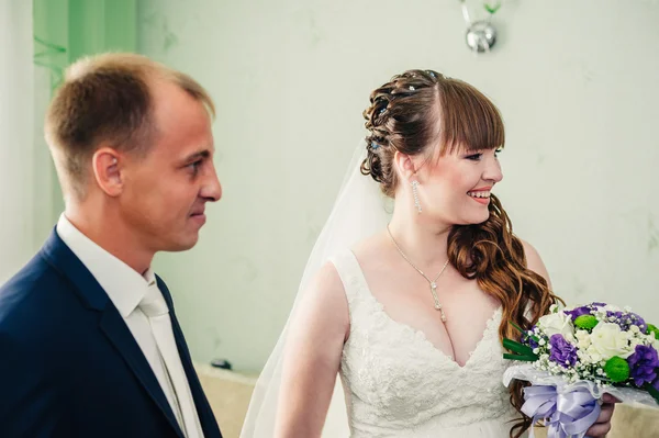 Young wedding couple indoors portrait. — Stock Photo, Image