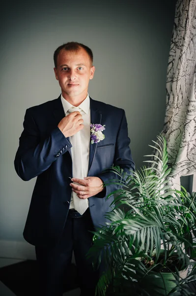 Portrait of handsome groom in classical interior. Man against window  background dress cufflinks. — Stock Photo, Image
