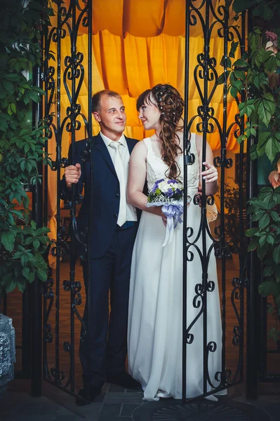 Giovani sposi nel parco, bouquet da sposa, abiti da sposa — Foto Stock