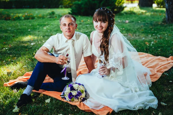 花とワインのグラスの花束と公園の緑の草の中に座ってちょうど結婚カップル — ストック写真