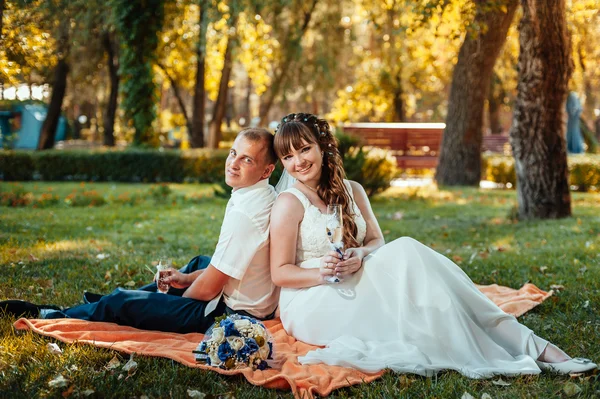 Pareja recién casada sentada en el parque hierba verde con ramo de flores y copas de vino —  Fotos de Stock