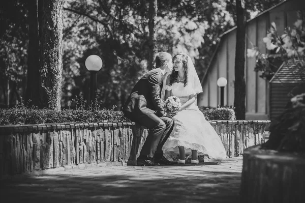 Noiva e noivo no dia do casamento andando ao ar livre na natureza de primavera. Casal nupcial, casal recém-casado feliz abraçando no parque verde . — Fotografia de Stock