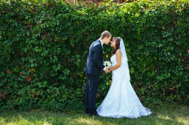 Gelin ve damat gün açık havada yürüyüş düğününde Doğa bahar. Gelin çift, mutlu yeni evli çift yeşil park kucaklayan.