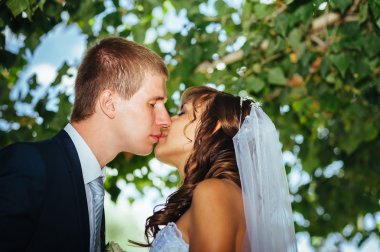 Gelin ve damat gün açık havada yürüyüş düğününde Doğa bahar. Gelin çift, mutlu yeni evli çift yeşil park kucaklayan.