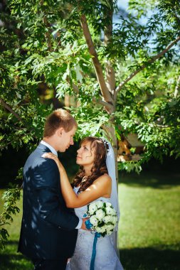 Gelin ve damat gün açık havada yürüyüş düğününde Doğa bahar. Gelin çift, mutlu yeni evli çift yeşil park kucaklayan.