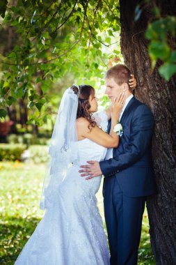 Gelin ve damat gün açık havada yürüyüş düğününde Doğa bahar. Gelin çift, mutlu yeni evli çift yeşil park kucaklayan.