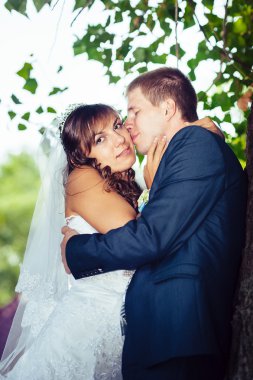 Gelin ve damat gün açık havada yürüyüş düğününde Doğa bahar. Gelin çift, mutlu yeni evli çift yeşil park kucaklayan.