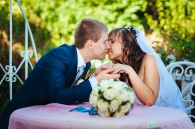 Gelin ve damat yaz parkta süslü ziyafet masada poz .