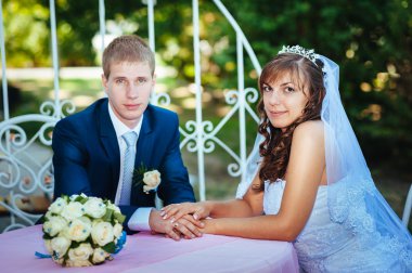 Gelin ve damat yaz parkta süslü ziyafet masada poz .