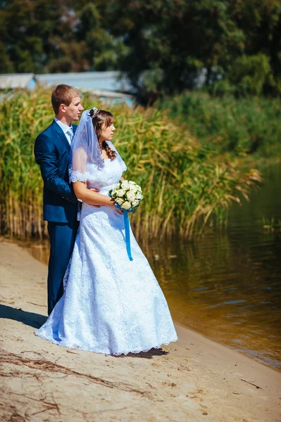 Amante pareja de boda de pie y besándose cerca del agua — Foto de Stock