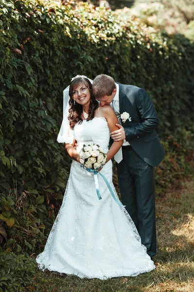 Gelin ve damat gün açık havada yürüyüş düğününde Doğa bahar. Gelin çift, mutlu yeni evli çift yeşil park kucaklayan. — Stok fotoğraf